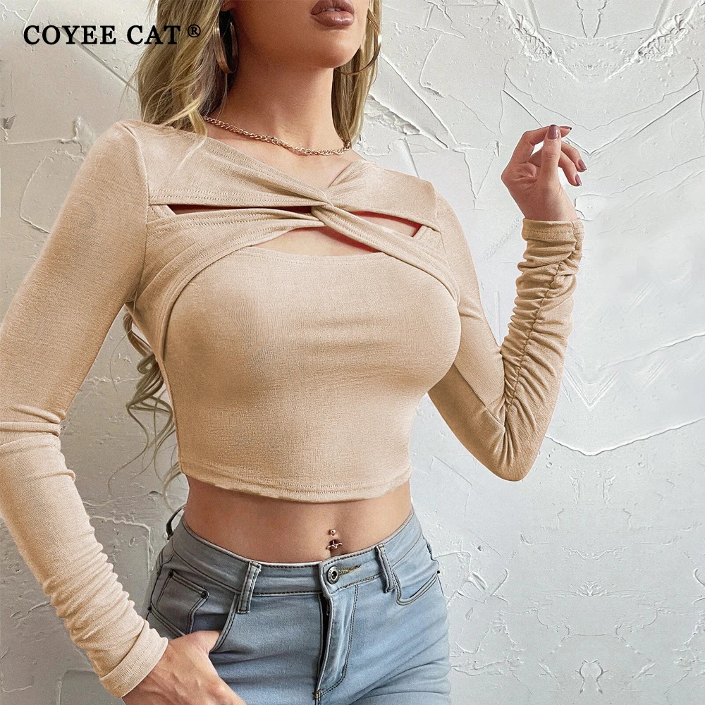 

Coyee Cat Lady Top Cross Tie Neck Chest Hollow Out T Shirt Khaki Shirring Long Sleeve Pullover Bodycon Short Women Fashion Tees