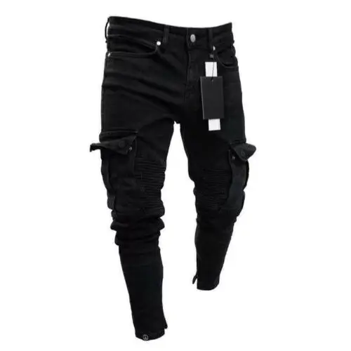 

Мужские байкерские рваные длинные джинсовые брюки скинни джинсы брюки Разорванные стрейч-черные брюки
