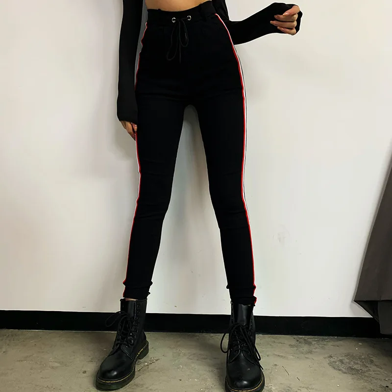 Женские брюки карандаш yuqung с боковой полосой на шнуровке черные повседневные
