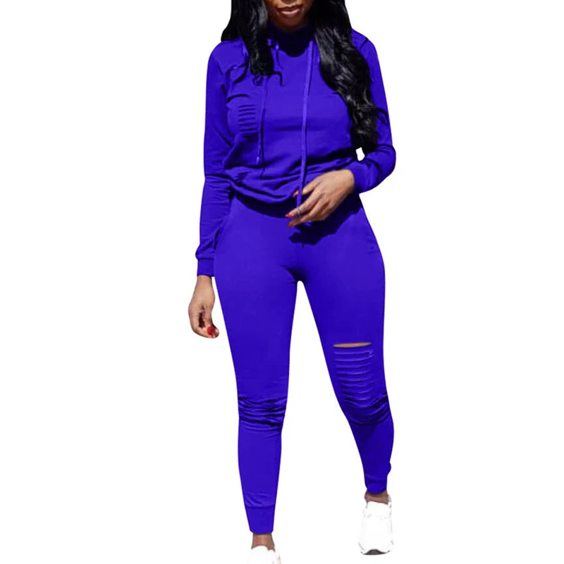 Royal blue Sfit Женский Повседневный рваный пуловер Толстовка тренировочные штаны 2 шт. спортивные комбинезоны комплект одежды однотонный Повседневный Спортивный комплект спортивная одежда - Цвет: Royal blue