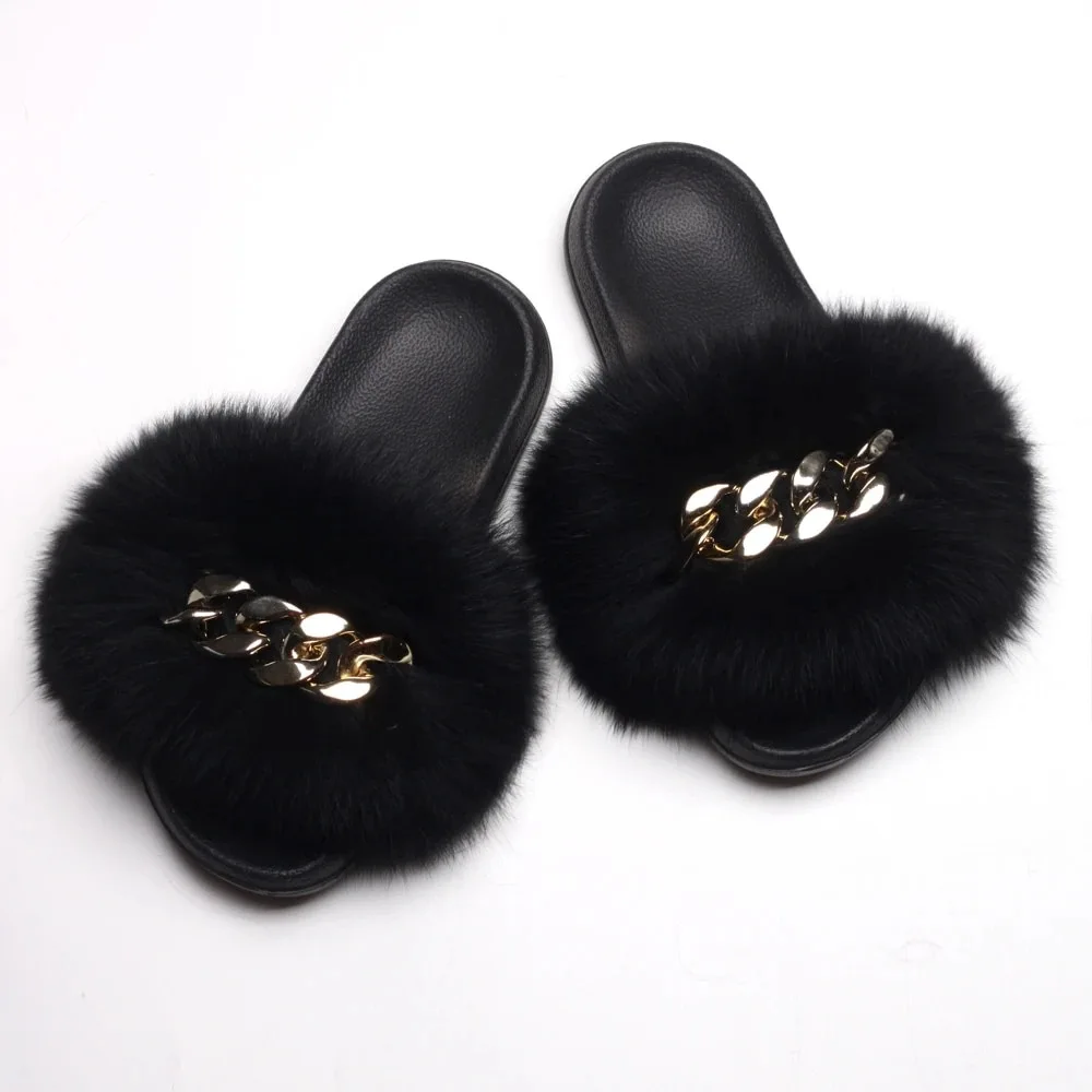 

New fur slippers real fox fur slides sandals for women