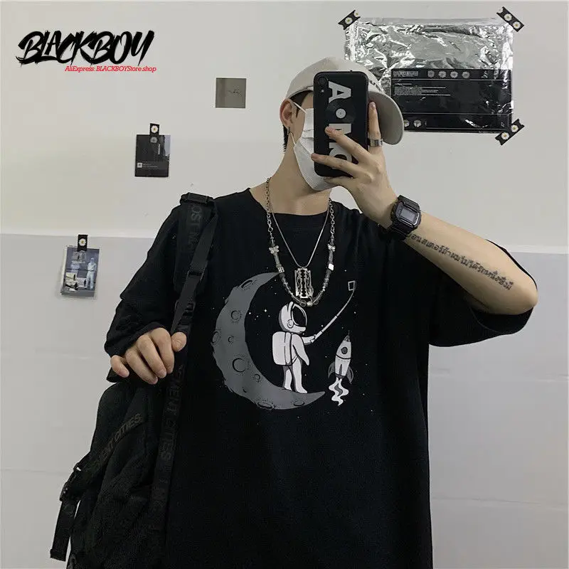 

BLACKBOY HIP-HOP WIND SUMMER LARGE-SIZED SHORT-SLEEVED T-SHIRT MEN'S TIDE BRAND SUPER FIRE STREET DARK BLACK GRAFFITI PRINT TOP