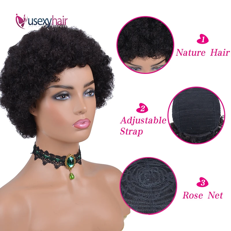 

Afro Kinky Curly Wig Brazilian Remy Human Hair 150% Density Full Machine Made Wig For Black Women Short Pixie Cut 1B Color Wigs