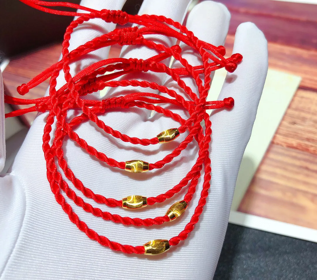 

1pcs Real Pure Gold 999 Gold Bracelet For Women Female Cat's eye Bead Shinning Gold Bead Lucky Red String 16cmL