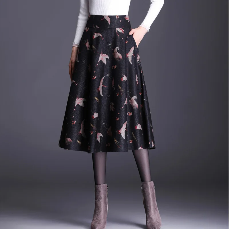 

Vintage Elegant Zipper High Waist Print Woolen A-line Skirt for Women Autumn Winter Fashion Loose Big Swing Mid-long Skirts 6697
