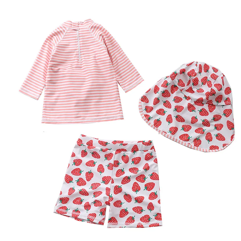 

0-6Year Kids Girls Two Piece Swim Set Strawberry Zipper Rash Guard Trunk and Sun Hat Striped Children Swimsuit Beachwear Sunsuit