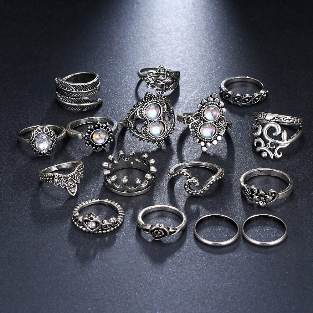 FAMSHIN 16 шт./компл. богемского корона цветок кольца в форме сердец комплект