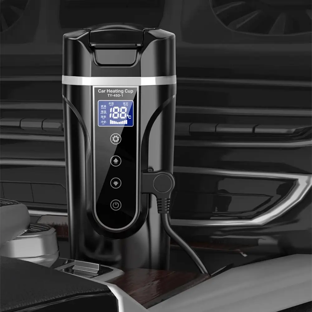 

450ml Car Electric Heating Cup 12V/24V Stainless Steel Water Cup LCD Display Temperature Kettle Coffee Tea Milk Heated Cup