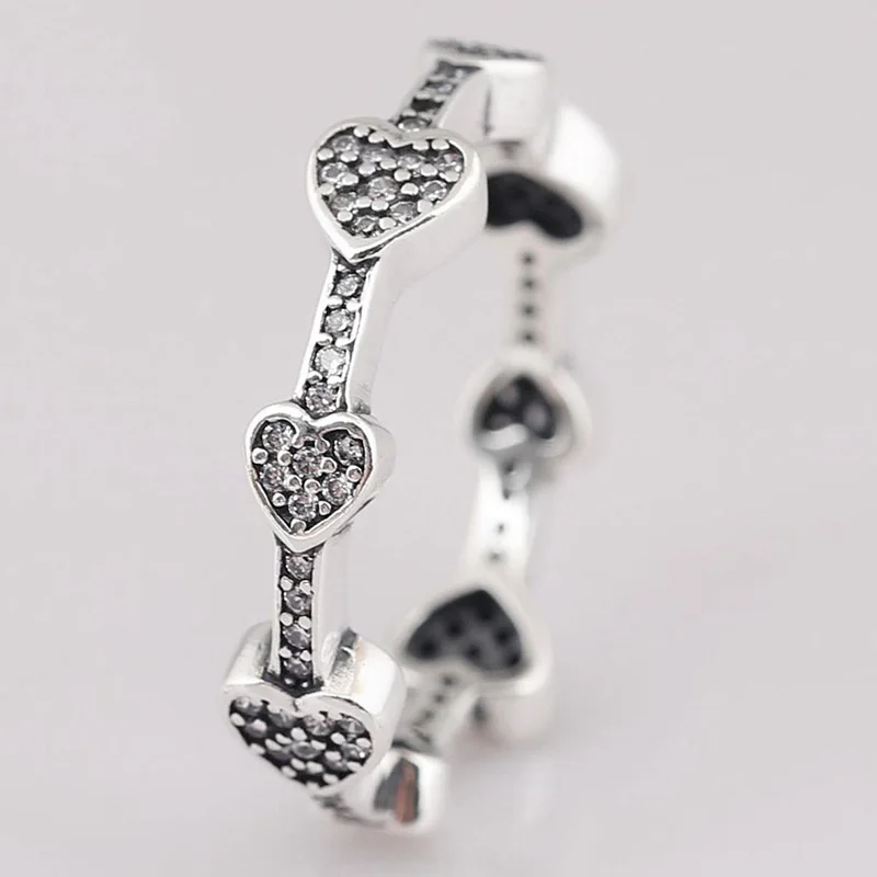 

925 Sterling Silver Pan Ring Creative Heart To Heart With Crystal Heart Ring For Women Wedding Party Fashion Jewelry