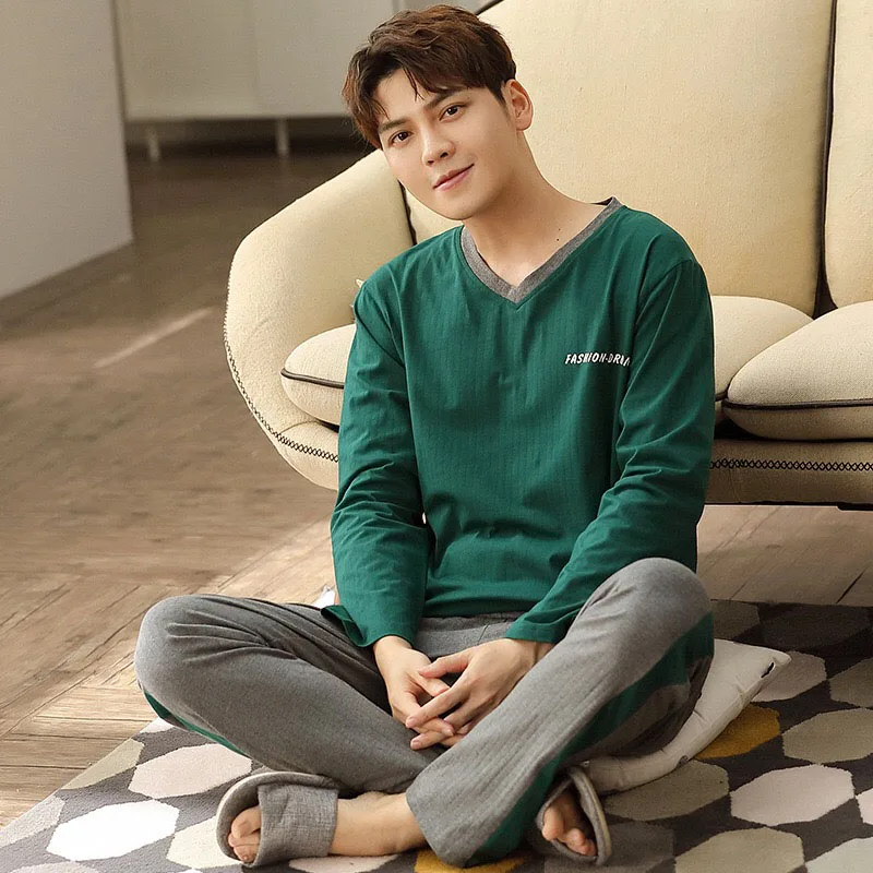 

Men's Fall Thin Solid Color Pajamas Set Simple Style Generous Long-sleeve Sleepwear Full Cotton Large Size Home-wear Casual Wear
