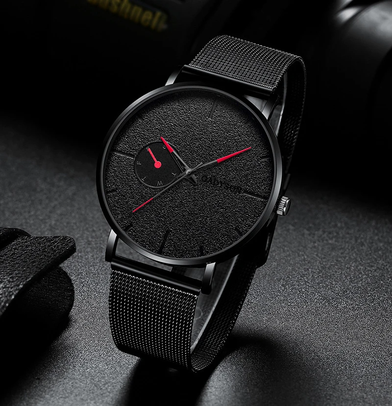 Мужские повседневные тонкие черные наручные часы из сетчатой стали спортивные
