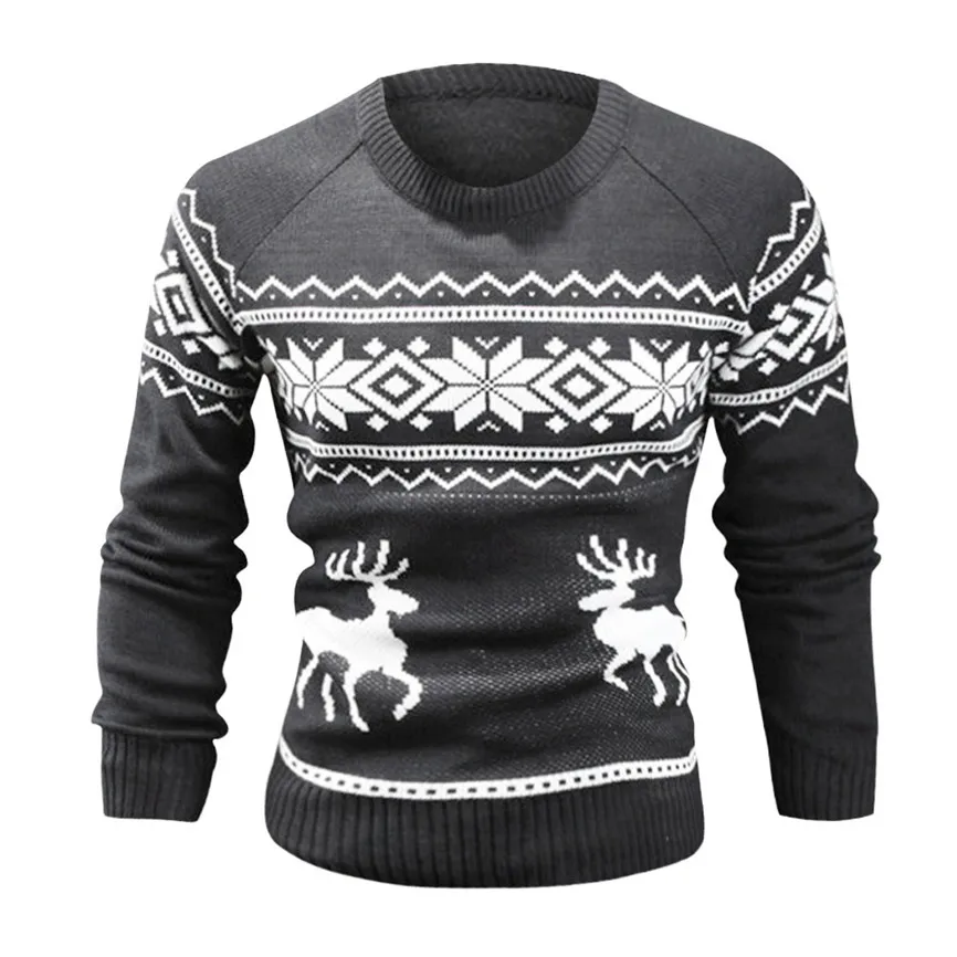 Mens Causal O Neck Sweater Deer Printed Autumn Winter Christmas Pullover Knitted Jumper Sweaters Slim Fit Male Clothes