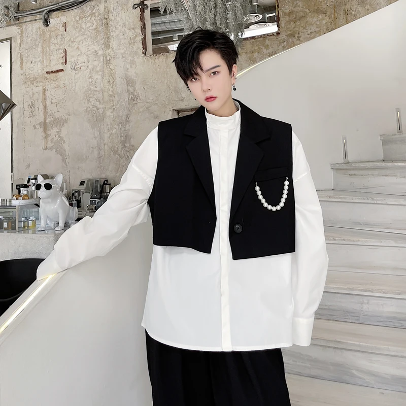 

Bead Pendant Men's Short Suit Vest Men Women Streetwear Fashion Hip Hop Loose Casual Sleeveless Cardigan Vest Coat Man