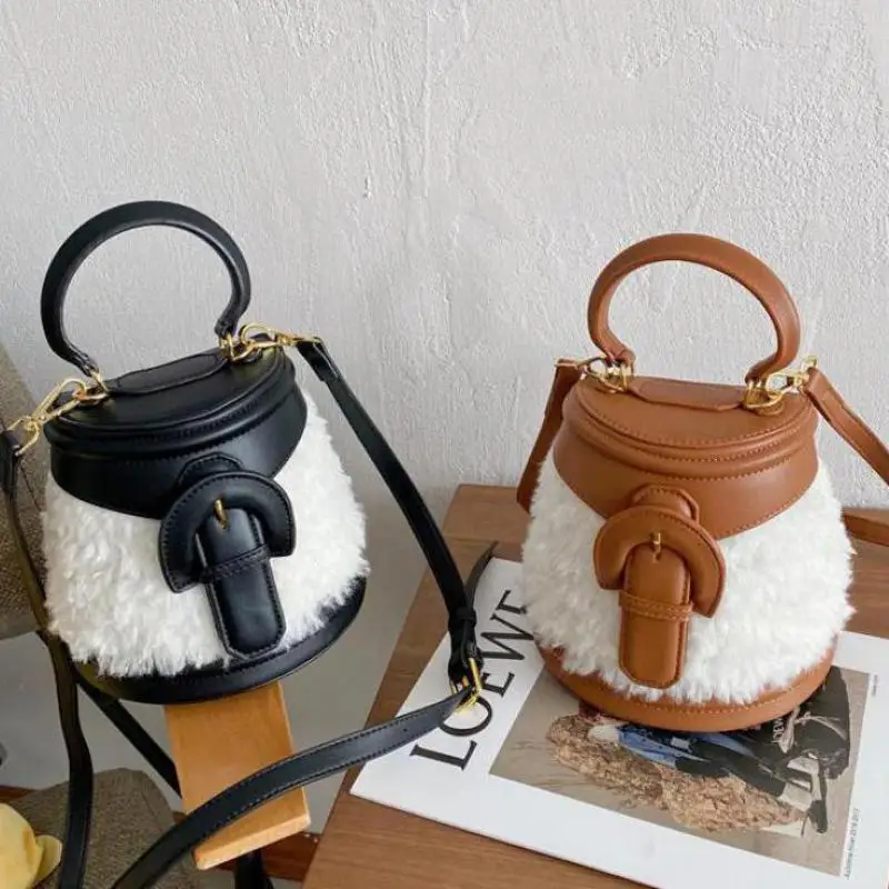 

Lnv Women's Bag Lambswool Patchwork Genuine Leather Bags For Women 2021 Winter New Luxury Designer Bucket Handbags Furry Bgs