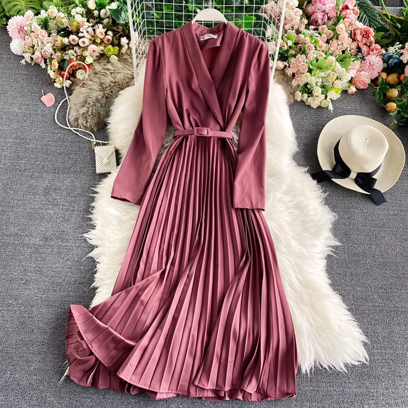 

Spring And Autumn Elegant Solid Color Women's Pleated Dress With Belt Suit Collar Fashion Office Black Maxi Dress Femme Robe