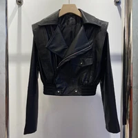 2021 winter woman s jackets artificial leather solid black zipper short coat cool hign street jackets
