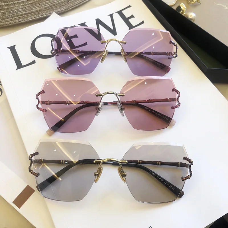 

MS New Women Polarized Sunglasses Rimless UV400 pearl High Quality Oversize Sun Glasses Female oculos With Box
