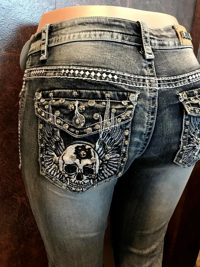 

Skull embroidered beaded elastic sexy high-waist straight-leg pants female Y2K trend fashion punk slim black jeans female