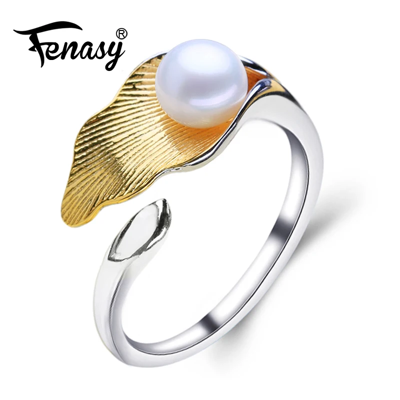 FENASY Leaf 925 Sterling Silver Ring Pink Vintage Boho Promise Wave Dainty Freshwater Pearl Adjustable Rings For Women Jewelry