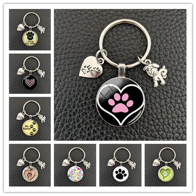 Модный брелок с милым принтом лапы животных кошка собака я люблю стеклянную