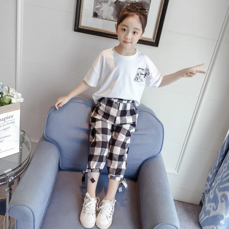 

Girls Clothing Sets For Girls Fashion Suits Cartoon Letter Print T-shirt+Bow Check Pants 2Pcs 2021 Summer Children Clothes Sets
