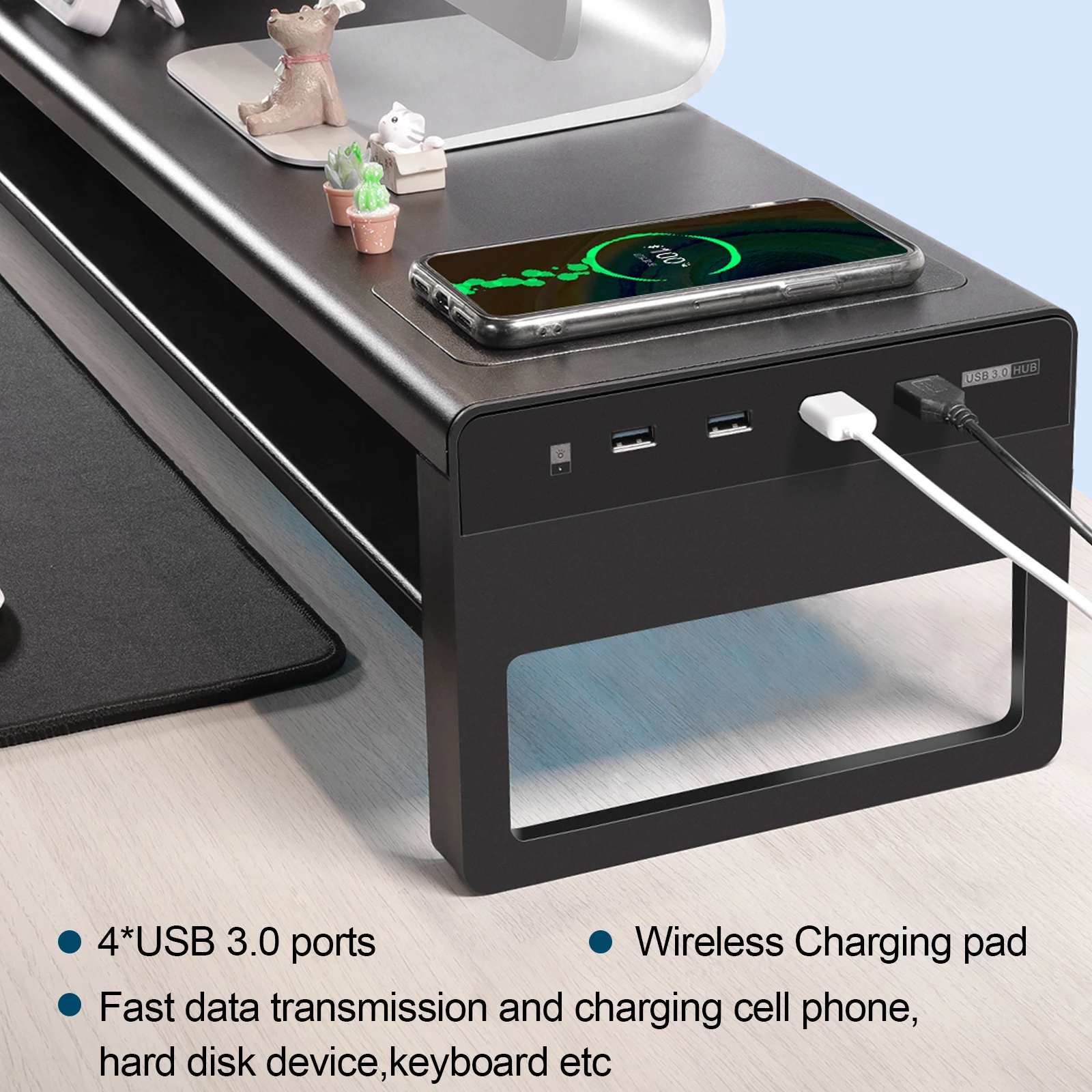 2-ярусная Алюминиевая Подставка для монитора с беспроводной зарядкой и 4 портами