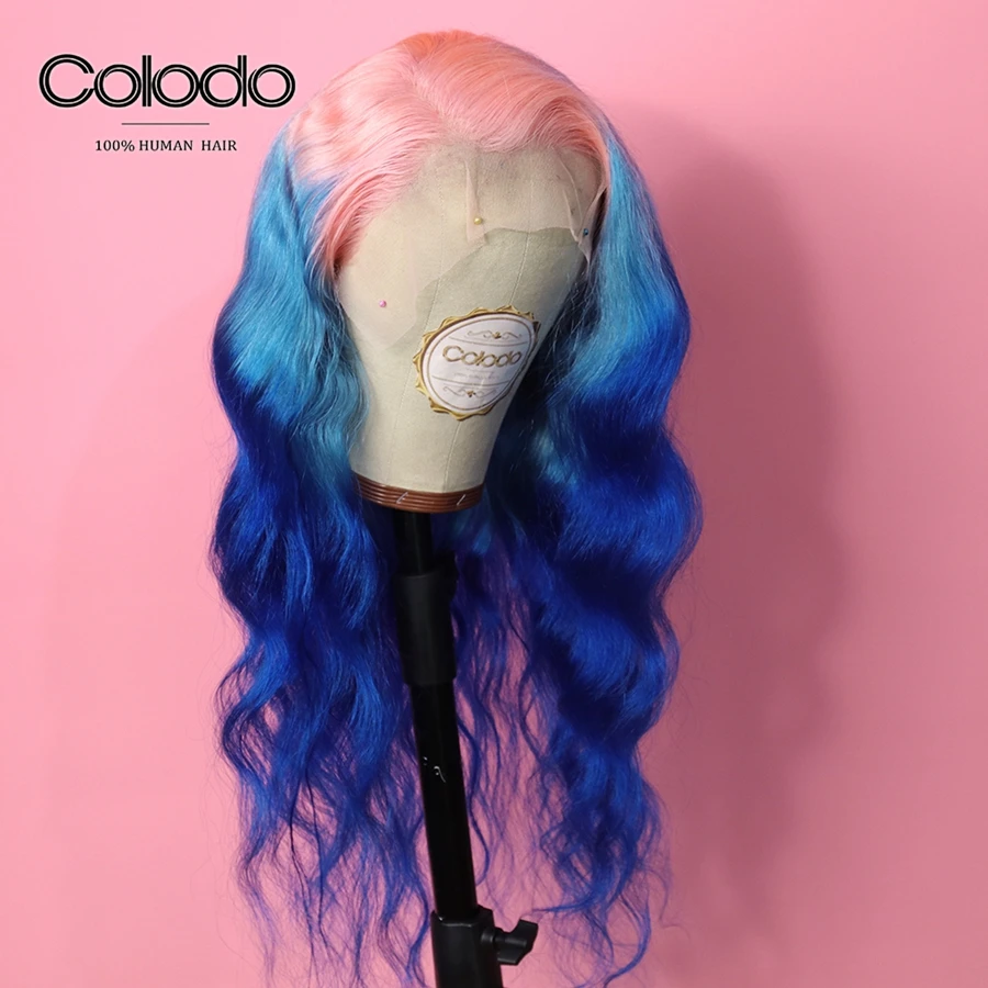 COLODO Wavy Pink Human Hair Wig 3 Tones Ombre Lace Front Wig With Baby Hair Remy Brazilian Transparent Lace Wigs For Black Women