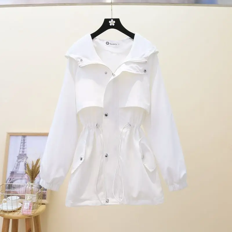 

Women Trench Coat 2023 New Mid-length Hooded Coat Female Spring Autumn Lining Windbreaker Loose Receive Waist Tooling Coats C