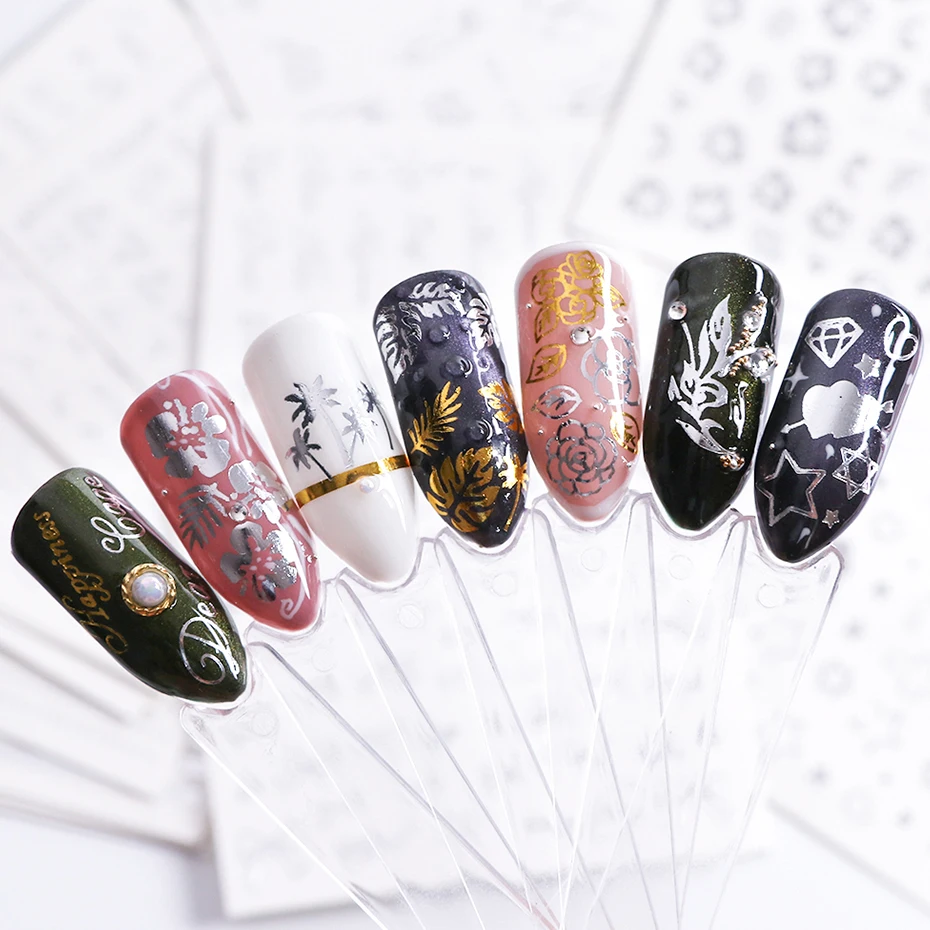 Золотые и серебряные наклейки для ногтей на Хэллоуин Набор цветных снежинок