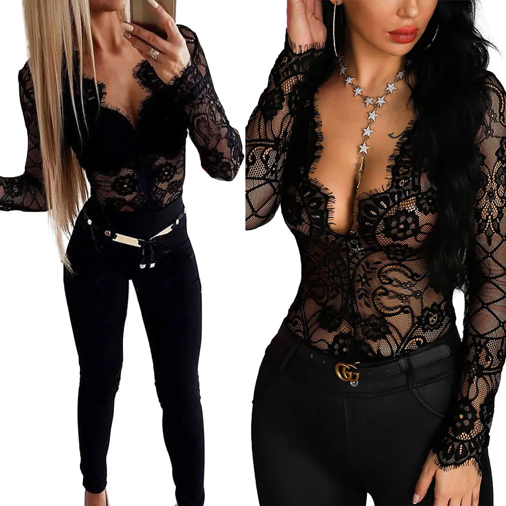 

AA Women Sexy Lace Underwear Bodysuit Deep V-Neck Long Sleeve Perspective Leotard Top Jumpsuit