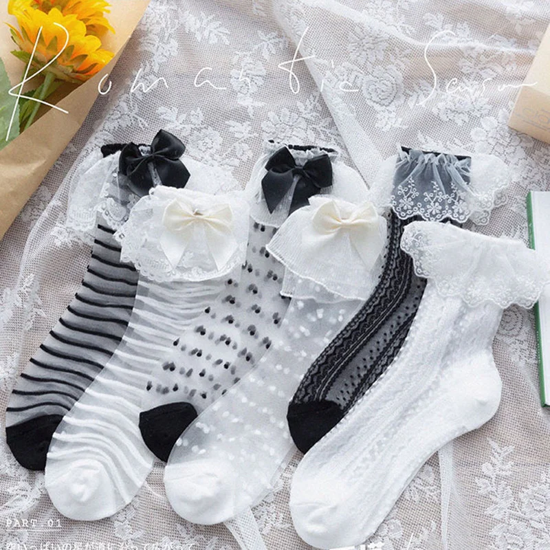 

Mesh Fishnet Crystal Silk Socks Sexy Lace Lolita Bowknot Frilly Ruffle Socks Women Summer Thin Black White Japanese Cute Socks