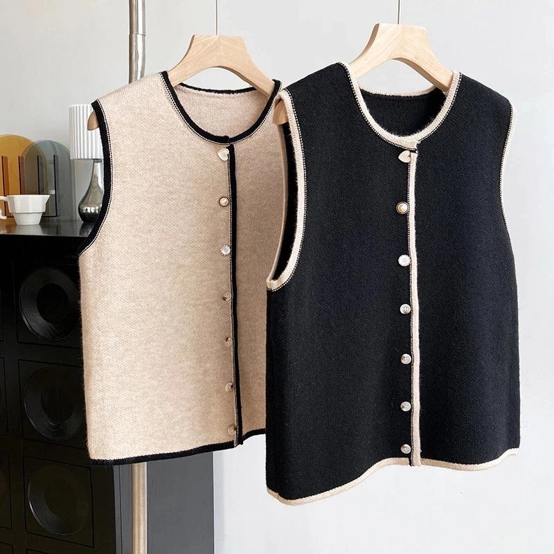 

Korean Autumn Beige Knitted Sweater Vest Coat Women's Sleeveless Jacket Contrast Warm Vest Cardigan