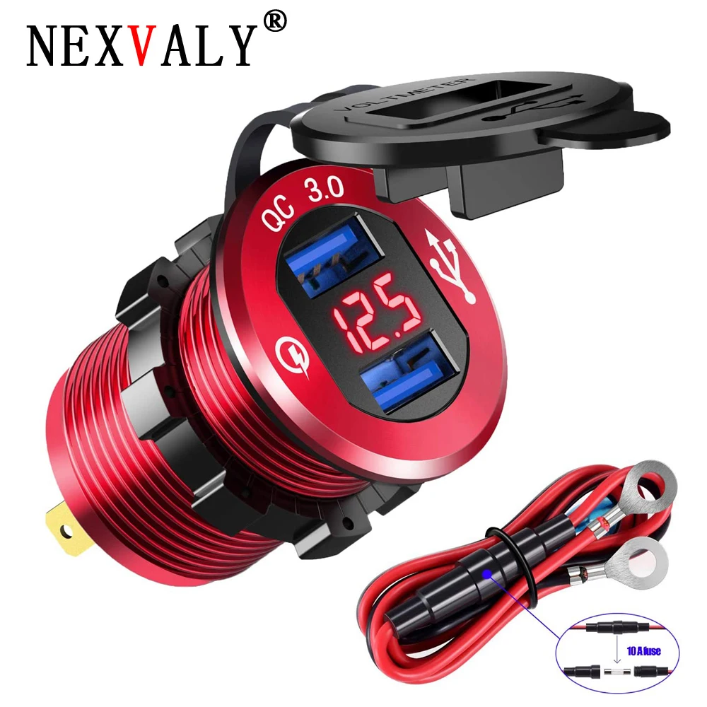

NEXVALY QC 3.0 Car USB Socket LED Voltmeter Waterproof Aluminum Alloy Dual USB Phone Charger 12V 24V for Truck Marine Boat