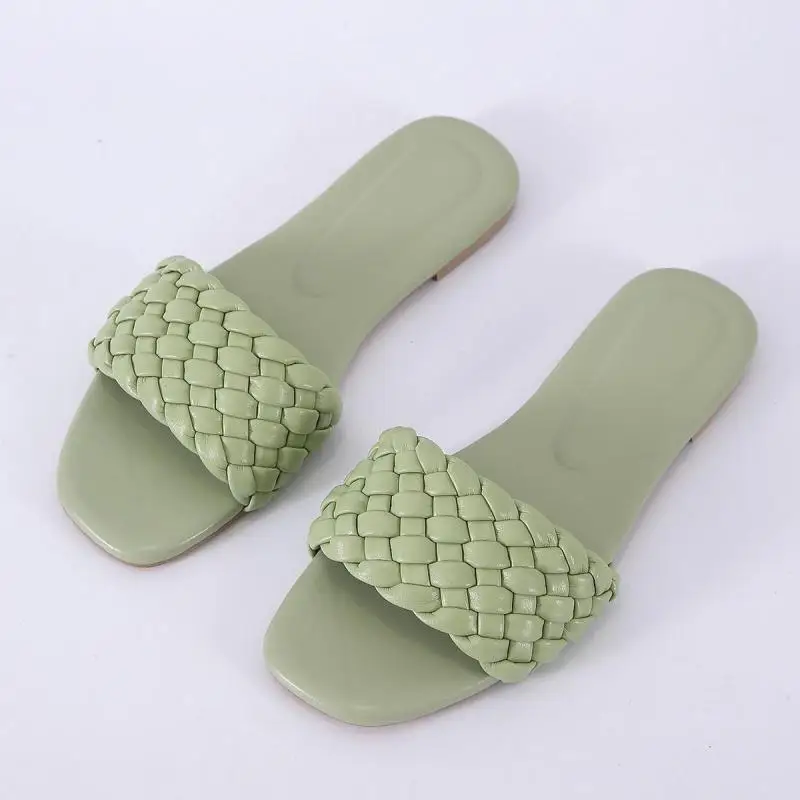 

Summer Women's Flip Flops Fashion Square Toe Slippers Women Shoes Female Weave Women's Slippers Comfortable Flat Beach Shoes