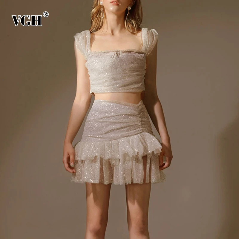 

VGH Patchwork Sequin Two Piece Set For Women Square Collar Sleeveless Short Top High Waist Mini Skirt Casual Sets Female Fashion