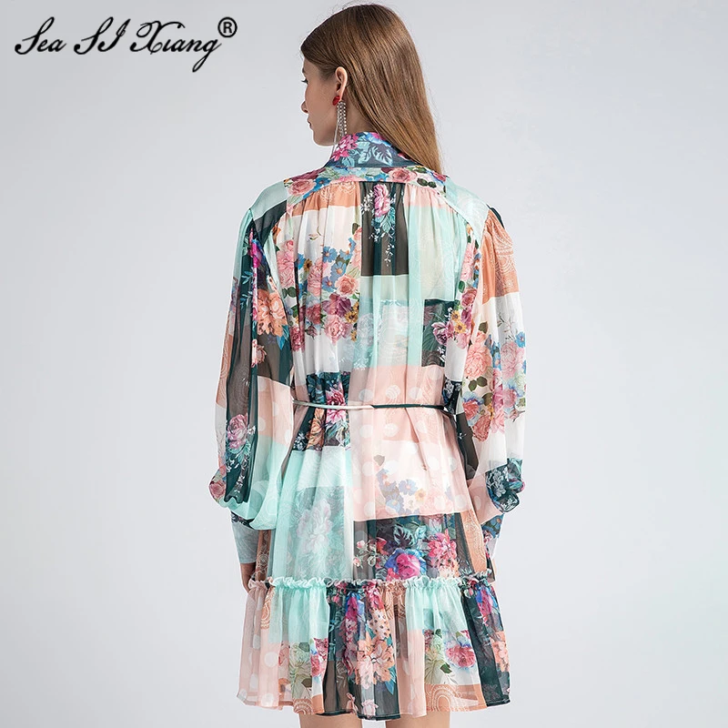 

SEASIXIANG Fashion Designer Autumn Women's Loose Dress Lantern Sleeve Floral Print Stand collar Mini Dresses