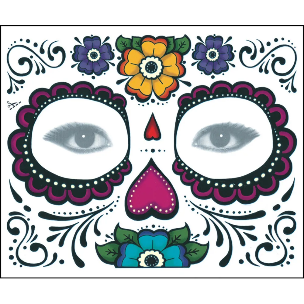 Временная тату наклейка 2 шт. День мертвых маска для лица татуировка с черепом