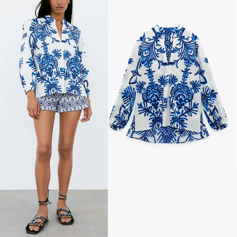 

Summer Chinese Style Blouse Casual Woman Shirt Za Fashion V-neck Long Sleeve Blue and White Porcelain Print Shirt Irregular Hem