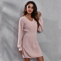 sexy v neck knitted sweater dress women solid color mini dress autumn long sleeve party dresses elegant vestidos de mujer casual