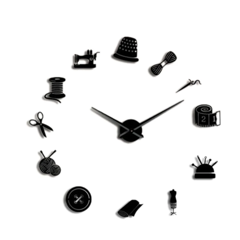 Tailor Shop Decorative DIY Large Wall Clock for Living Room Vintage Sewing Machine Tools Mirror Giant Sticker 47Inch | Дом и сад