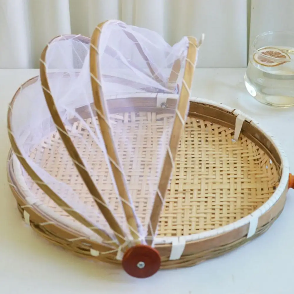 

Bamboo Tent Baske Round Hand-Woven Fruits Food Container Serving Mesh Cover Tent Dustproof Storage Basket Kitchen Tools