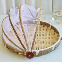 bamboo tent baske round hand woven fruits food container serving mesh cover tent dustproof storage basket kitchen tools