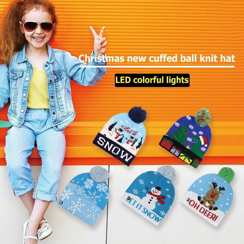 Skillful Manufacture Flanging Christmas Knitted Hat Superior Quality with Ball and LED Color Light for Children Gifts |
