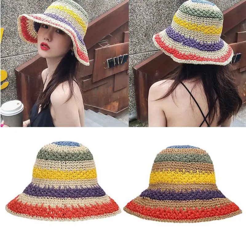 

Соломенная шляпа ручной работы для женщин, радужная Солнцезащитная пляжная шапка в цветную полоску