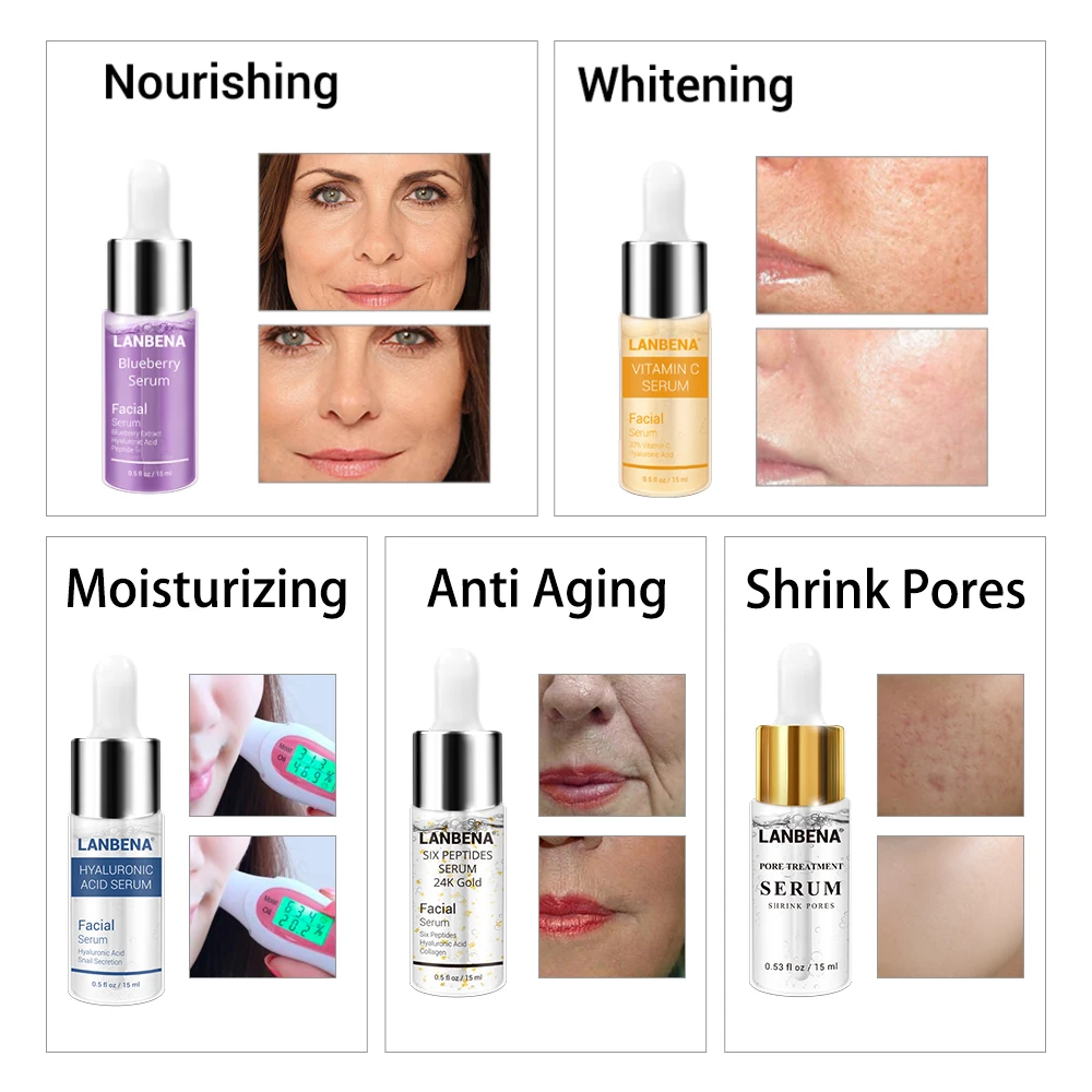 LANBENA 15ml Hyaluronic Acid Six Petides Collagen Face Serum Vitamin C Whitening Shrink Pore Essence Anti Aging Skin Care TSLM1 | Красота и