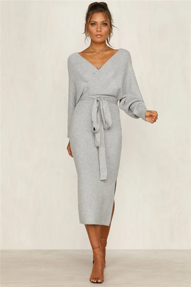 Женское трикотажное платье-свитер с длинным рукавом и V-образным вырезом |