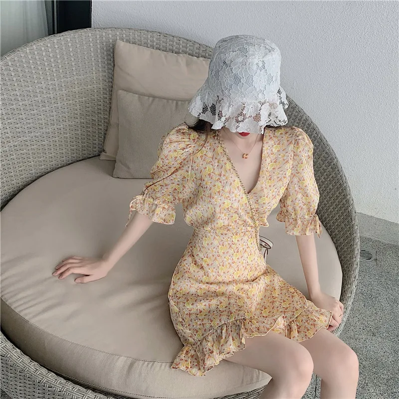 

Women's 2021Summer New Casual Fashion Small Fragrance French Style Waist Slimming Floral Puff Sleeve Dress