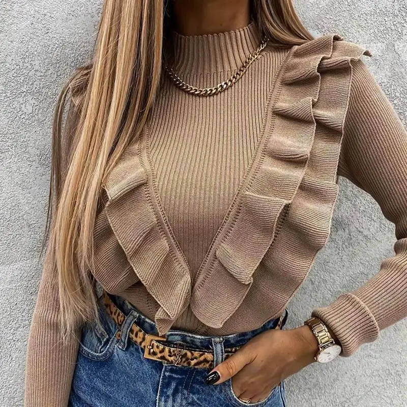 

Mock Neck Ruffles Women's Knitted Sweater Long Sleeve Solid Coffee Slim Elegant Office Lady Pullover 2021 Spring Fashion Top New