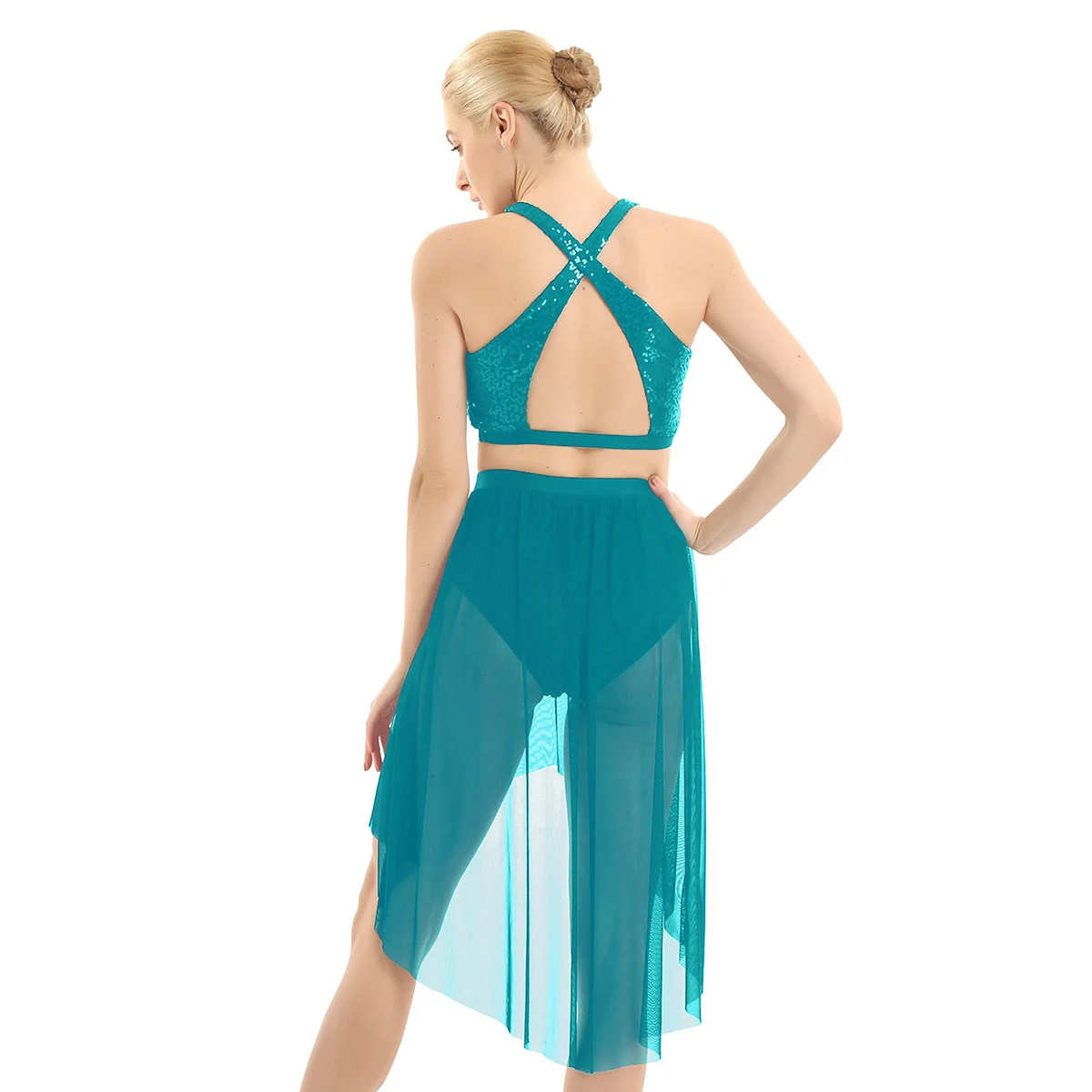 Women Adult Latin Dance Dress Modern Lyrical Ballet Belly Costume Outfit Asymmetrical Shiny Sequins Tank Crop Top &amp Mesh Skirt |
