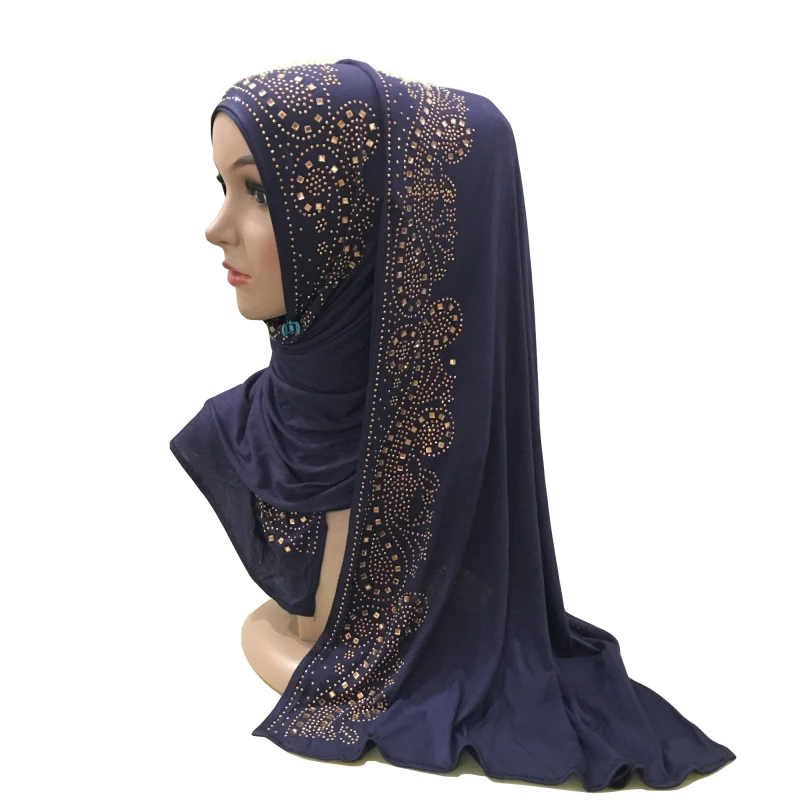 

H1429 fashion modal elastic jersey cotton long scarf with rhinestones islamic hijab womens headwrap